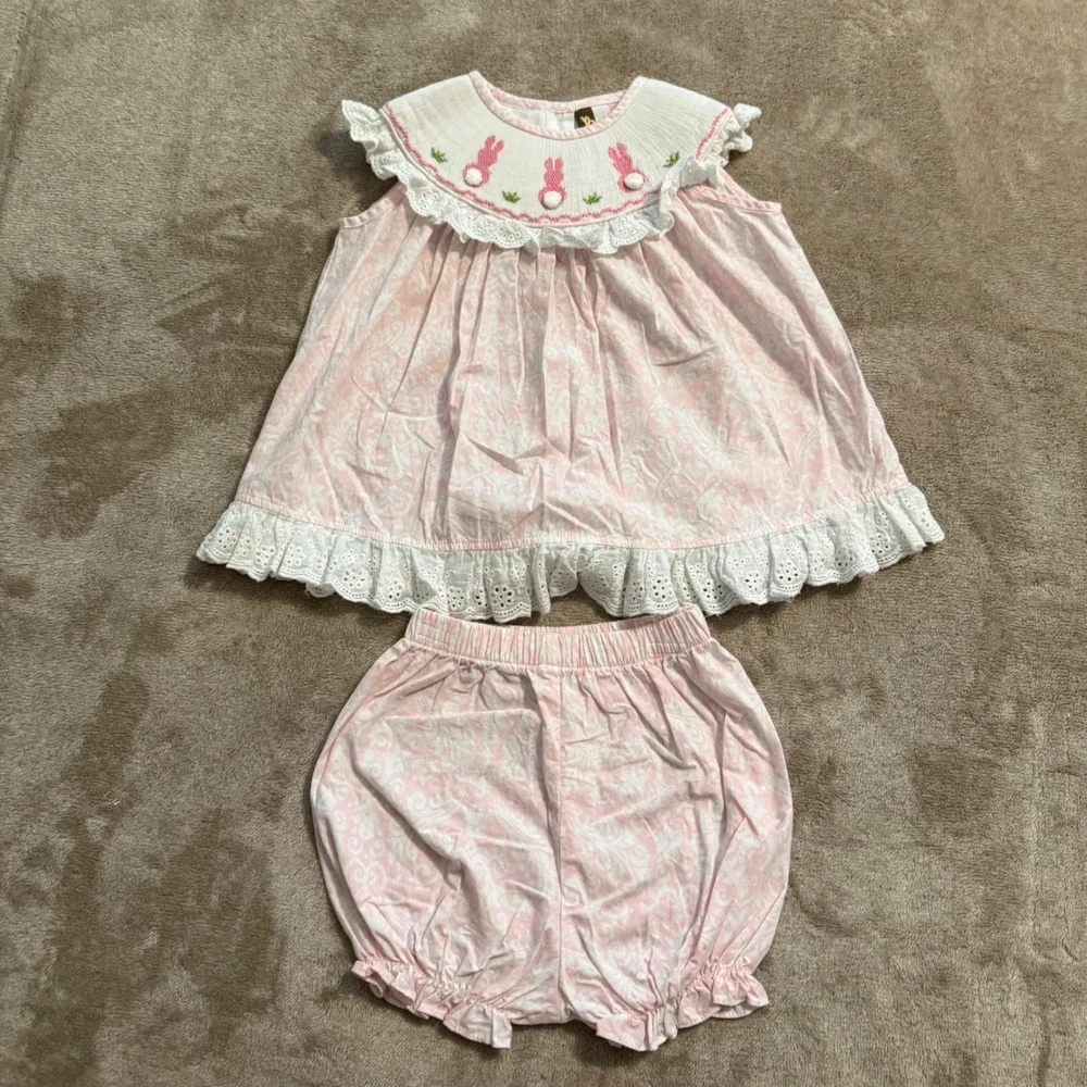 Banana Split Pink Smocked Bunny Easter Top and Bloomers Set 24M SM